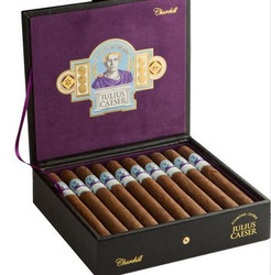 Diamond Crown Julius Caeser Churchill Cigars 20 Count Box, featuring a black and purple box with a portrait of Julius Caesar on the lid and 20 cigars neatly arranged inside.