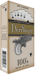 Cheyenne International Derringer Filtered Cigars Classic, beige cigarette pack featuring a revolver illustration and playing cards with aces, indicating the product's vintage style.