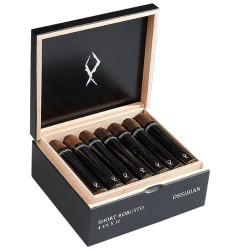 Obsidian Short Robusto Cigars 20Ct. Box, black and wooden cigar box containing 20 cigars with the Obsidian logo inside the lid and text on the front. Obsidian Short Robusto Cigars 20Ct. Box, black and wooden cigar box containing 20 cigars with the Obsidian logo inside the lid and text on the front.
