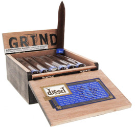 Diesel Grind Torpedo Cigars 20Ct. Box, an open wooden cigar box containing five cigars and a single cigar placed inside for display.