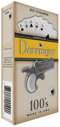 Cheyenne International Derringer Filtered Cigars Vanilla, packaging of 20 cigars with a vintage pistol illustration and playing cards on the box. Cheyenne International Derringer Filtered Cigars Vanilla, packaging of 20 cigars with a vintage pistol illustration and playing cards on the box.