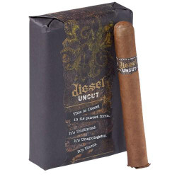 Diesel Uncut Robusto Cigars 10 Ct. Pack, image of a brown cigar with Diesel Uncut band standing beside a black box with gold design. Diesel Uncut Robusto Cigars 10 Ct. Pack, image of a brown cigar with Diesel Uncut band standing beside a black box with gold design.