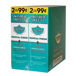 Swisher International Swisher Sweets Cigarillos Foil Tropical Fusion 30 Pouches of 2, retail package showing two resealable foil pouches of tropical fusion flavored cigarillos with bold blue and teal packaging. Swisher International Swisher Sweets Cigarillos Foil Tropical Fusion 30 Pouches of 2, retail package showing two resealable foil pouches of tropical fusion flavored cigarillos with bold blue and teal packaging.