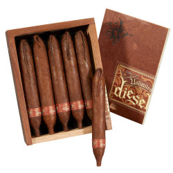 Diesel Unlimited d.nt Cigars 10Ct. Box, close-up of a wooden cigar box filled with cigars and one cigar outside the box.