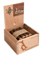 Diesel Unlimited Maduro d.4 Cigars 20Ct. Box, opened wooden cigar box containing four cigars wrapped in burlap. Diesel Unlimited Maduro d.4 Cigars 20Ct. Box, opened wooden cigar box containing four cigars wrapped in burlap.