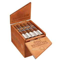 Diesel Whiskey Row Robusto Cigars 25Ct. Box, open wooden cigar box containing 25 cigars with bands, inside a rustic wooden box with branding. Diesel Whiskey Row Robusto Cigars 25Ct. Box, open wooden cigar box containing 25 cigars with bands, inside a rustic wooden box with branding.