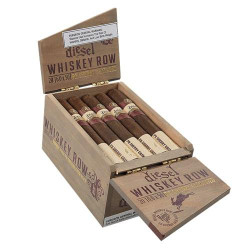 Diesel Whiskey Row Sherry Cask Toro Cigars 20Ct. Box, an open wooden box containing 20 cigars with labels, showcasing the premium packaging and cigar arrangement. Diesel Whiskey Row Sherry Cask Toro Cigars 20Ct. Box, an open wooden box containing 20 cigars with labels, showcasing the premium packaging and cigar arrangement.