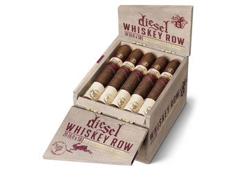 Diesel Whiskey Row Sherry Cask Gigante Cigars 20Ct. Box, open wooden cigar box with six brown cigars inside and branded labels, featuring rustic and premium packaging design.
