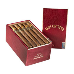 Dolce Vita Cafe Coffee Dark Edition Churchill Cigars 20Ct. Box, opens to show five cigars inside with dark brown wrappers and gold labels. Dolce Vita Cafe Coffee Dark Edition Churchill Cigars 20Ct. Box, opens to show five cigars inside with dark brown wrappers and gold labels.