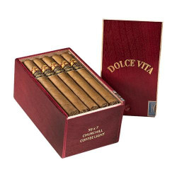 Dolce Vita Cafe Coffee Light Edition Churchill Cigars 20Ct. Box, open wooden box containing 20 cigars with a matching lid standing upright beside it.