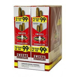 Swedish Match White Owl Cigarillos Sweet 30 Pouches of 2, retail packaging showing two boxes of cigarillos with red and white design and promotional label 2 cigars for 99¢. Swedish Match White Owl Cigarillos Sweet 30 Pouches of 2, retail packaging showing two boxes of cigarillos with red and white design and promotional label 2 cigars for 99¢.