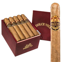 Dolce Vita Sweet Tip Lonsdale Cigars 20Ct. Box, a box of six packs of cigars with a single cigar displayed next to it, showcasing the product's design and packaging. Dolce Vita Sweet Tip Lonsdale Cigars 20Ct. Box, a box of six packs of cigars with a single cigar displayed next to it, showcasing the product's design and packaging.