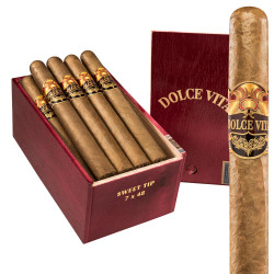 Dolce Vita Sweet Tip Churchill Cigars 20Ct. Box, a set of cigars with gold and black bands in a red wooden box.