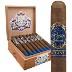 Don Pepin Garcia Blue Generosos Cigars 24 Ct. Box, a wooden box containing 24 cigars with a close-up of one cigar showing the label and box lid with colorful branding and design. Don Pepin Garcia Blue Generosos Cigars 24 Ct. Box, a wooden box containing 24 cigars with a close-up of one cigar showing the label and box lid with colorful branding and design.