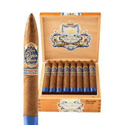 Don Pepin Garcia Blue Imperiales Cigars 24Ct. Box, a set of premium cigars with a wooden box and a single cigar in the foreground, featuring blue, gold, and white labeling. Don Pepin Garcia Blue Imperiales Cigars 24Ct. Box, a set of premium cigars with a wooden box and a single cigar in the foreground, featuring blue, gold, and white labeling.