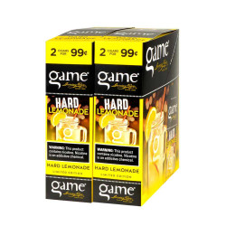 Product Swedish Match Game Cigarillos Foil Hard Lemonade 30 Pouches of 2, box of cigarillos with bright yellow and black packaging featuring a lemon drink illustration. Product Swedish Match Game Cigarillos Foil Hard Lemonade 30 Pouches of 2, box of cigarillos with bright yellow and black packaging featuring a lemon drink illustration.