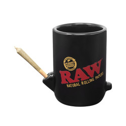 RAW Wake Up & Bake Up Ceramic Cone Mug, black ceramic mug designed to resemble a roll of raw rolling papers, with a built-in ashtray and a cigarette holder on the side.