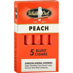 Swedish Match White Owl Blunts Cigars Peach, pack of five peach-flavored blunt cigars. Swedish Match White Owl Blunts Cigars Peach, pack of five peach-flavored blunt cigars.