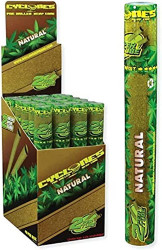 Show Cigars Cyclone Pre-Rolled Hemp Cones Natural 24 Packs of 2, display of pre-rolled hemp cones packaged in a tall green and yellow cylindrical container and a cardboard display box with multiple packs inside. Show Cigars Cyclone Pre-Rolled Hemp Cones Natural 24 Packs of 2, display of pre-rolled hemp cones packaged in a tall green and yellow cylindrical container and a cardboard display box with multiple packs inside.