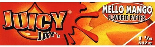Juicy Jay Rolling Papers Mello Mango 1 1/4 24Ct, orange and red packaging with mango flavor branding. Juicy Jay Rolling Papers Mello Mango 1 1/4 24Ct, orange and red packaging with mango flavor branding.
