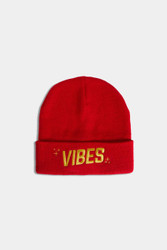 Vibes Beanie, red knit beanie with yellow embroidery of the word VIBES and small decorative stars.