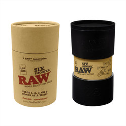 RAW Six Shooter 1 1/4 Cone Filler, image of a cylindrical container with a black lid and beige label, designed for filling 1, 2, 3, or 6 cones at a time, with product details and branding printed on the label.