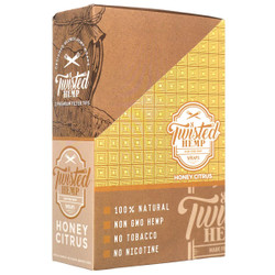 National Almond Honey Twisted Hemp Wraps Honey Citrus, product packaging with 15 pouches of 2 wraps each, featuring natural, non-GMO hemp, honey citrus flavor, and designed for smooth taste.