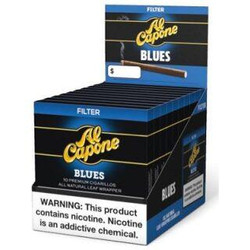 Inter-Continental Cigar Corporation Al Capone Natural Blues Filter Cigarillos 10ct, box of 10 cigarillos with blue and black packaging featuring the Al Capone logo and flavor name. Inter-Continental Cigar Corporation Al Capone Natural Blues Filter Cigarillos 10ct, box of 10 cigarillos with blue and black packaging featuring the Al Capone logo and flavor name.
