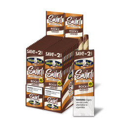 Swedish Match White Owl Cigarillos Swirl Rocky Road 30/2, display of limited edition brown and orange cigarillo packs with Rocky Road flavor, featuring white owl logo and warning label.