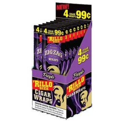 Republic Group Zig Zag Rillo Wraps Purple, display of purple cigarette wraps in a promotional stand priced at 99 cents for 4 wraps. Republic Group Zig Zag Rillo Wraps Purple, display of purple cigarette wraps in a promotional stand priced at 99 cents for 4 wraps.