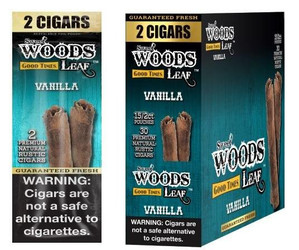 Good Times Sweet Woods Vanilla 15 Pouches of 2, product packaging displaying vanilla flavored cigars with warning label and branding. Good Times Sweet Woods Vanilla 15 Pouches of 2, product packaging displaying vanilla flavored cigars with warning label and branding.
