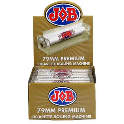 JOB Papers JOB Rolling Machine 79MM 1ct, image of the cigarette rolling machine in packaging with the JOB logo and product details. JOB Papers JOB Rolling Machine 79MM 1ct, image of the cigarette rolling machine in packaging with the JOB logo and product details.