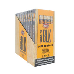 Swisher International Swisher Sweets BLK Wood Tip Pack 10/5, box of five packs of pipe tobacco with wood tips and orange and black packaging. Swisher International Swisher Sweets BLK Wood Tip Pack 10/5, box of five packs of pipe tobacco with wood tips and orange and black packaging.