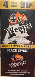 4 K's Wraps, Pack of 30 Black Sweet Cigarette Wraps in resealable foil pouches with extra slow burn feature. 4 K's Wraps, Pack of 30 Black Sweet Cigarette Wraps in resealable foil pouches with extra slow burn feature.