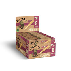 Zig Zag Unbleached Cones 70'smm 8ct, Package of 8 mini unbleached cones with colorful packaging and illustration of a man with a beard. Zig Zag Unbleached Cones 70'smm 8ct, Package of 8 mini unbleached cones with colorful packaging and illustration of a man with a beard.