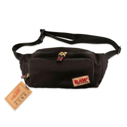 RAW X Rolling Papers Crossbody Fanny Pack Sling Bag, black adjustable strap with zippered front pocket and RAW logo patch. RAW X Rolling Papers Crossbody Fanny Pack Sling Bag, black adjustable strap with zippered front pocket and RAW logo patch.