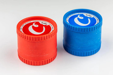 Santa Cruz Shredder x Cookies 4 Piece, red and blue herb grinder containers with logo on top.