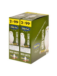 Product Swedish Match White Owl Cigarillos Green Sweet 30/2Ct, green packaging with an image of a white owl cigarillo and a cartoon owl mascot.