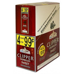 Global Tobacco Clipper Cigarillos Sweet 15 Pouches of 4, packaged cigarillos in a red and beige box with promotional offers. Global Tobacco Clipper Cigarillos Sweet 15 Pouches of 4, packaged cigarillos in a red and beige box with promotional offers.