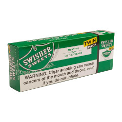 Swisher International Swisher Sweets Little Cigars Menthol Twin Pack, shown in a green and white box with a warning label about health risks. Swisher International Swisher Sweets Little Cigars Menthol Twin Pack, shown in a green and white box with a warning label about health risks.