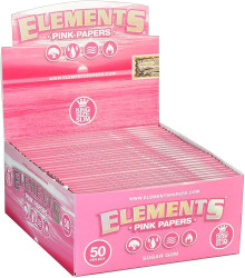 Elements Pink Rolling Papers King Size Slim 50ct Box, display of pink rolling papers in a retail box with branding and product information.