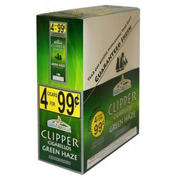 Global Tobacco Clipper Cigarillos Green Haze 15 Pouches of 4, a green and beige box with branding and promotional offers for cigarillos. Global Tobacco Clipper Cigarillos Green Haze 15 Pouches of 4, a green and beige box with branding and promotional offers for cigarillos.