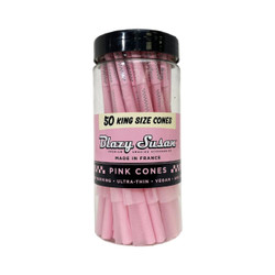 Blazy Susan 108mm King Size Pink Pre-Rolled Cones 50Ct, clear plastic jar containing pink long rolling cones with black tip, designed for herbal smoking, featuring premium quality and vegan ingredients.