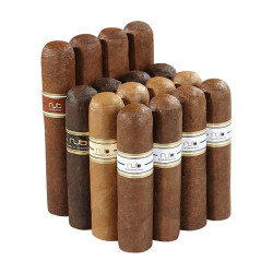 Nub 16-Cigar Collection, assortment of 16 cigars with varying shades and bands, arranged in a cluster. Nub 16-Cigar Collection, assortment of 16 cigars with varying shades and bands, arranged in a cluster.
