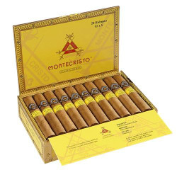 Montecristo Classic Seleccion II Robusto 16 Ct. Box, open box showing 16 cigars with yellow bands inside a gold and yellow packaging. Montecristo Classic Seleccion II Robusto 16 Ct. Box, open box showing 16 cigars with yellow bands inside a gold and yellow packaging.