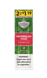 Swisher International Swisher Sweets Cigarillos Foil Watermelon Haze 30 pouches of 2, green and red packaging with watermelon flavor, warning label, and promotional price offer. Swisher International Swisher Sweets Cigarillos Foil Watermelon Haze 30 pouches of 2, green and red packaging with watermelon flavor, warning label, and promotional price offer.