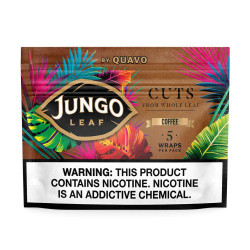 Altadis Jungo Leaf Cuts Tobacco Wraps 10/5, colorful packaging with tropical leaf design and warning label about nicotine content. Altadis Jungo Leaf Cuts Tobacco Wraps 10/5, colorful packaging with tropical leaf design and warning label about nicotine content.