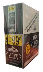 Global Tobacco Clipper Cigarillos Black Voodoo 15 Pouches of 4, product packaging with promotional price labels and branding. Global Tobacco Clipper Cigarillos Black Voodoo 15 Pouches of 4, product packaging with promotional price labels and branding.