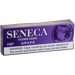 Seneca Manufacturing Seneca Filtered Cigar Grape, purple box of filtered cigars with a warning label at the bottom. Seneca Manufacturing Seneca Filtered Cigar Grape, purple box of filtered cigars with a warning label at the bottom.