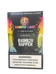 Dummy Leaf Wraps Rainbow Rapper 8/5 Packs, colorful packaging with cartoon leaf character and warning label on tobacco product
